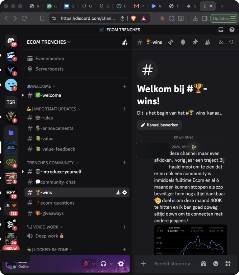 Redacted full Discord screen and Shopify dashboard showing €22,656 sales in one day
